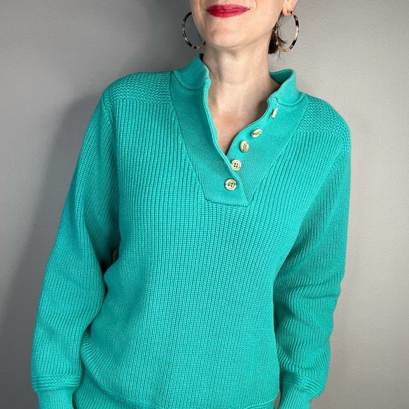 Vintage 90s button henley pullover sweater chunky knit grandpa cotton teal green - Picture 11 of 17